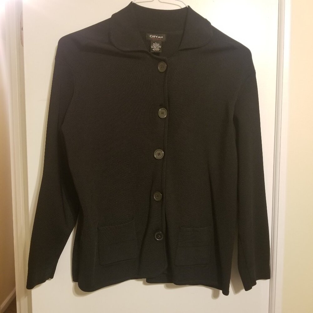 City Silk Stretch Black Ribbed Knit Cardigan Size L